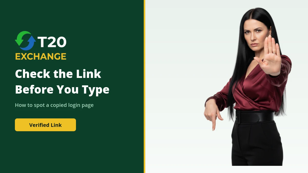 Checking a T20 Exchange official link before entering login details
