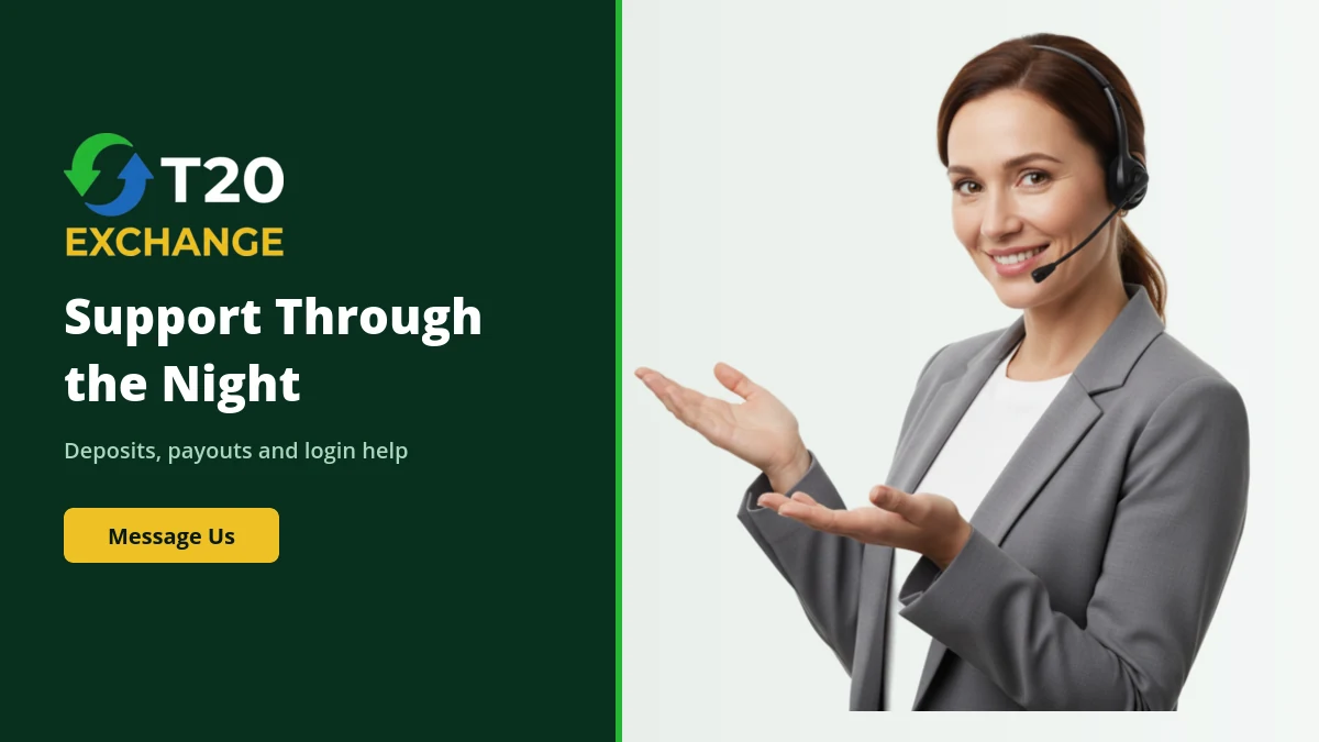 T20 Exchange support line handling a withdrawal query on WhatsApp